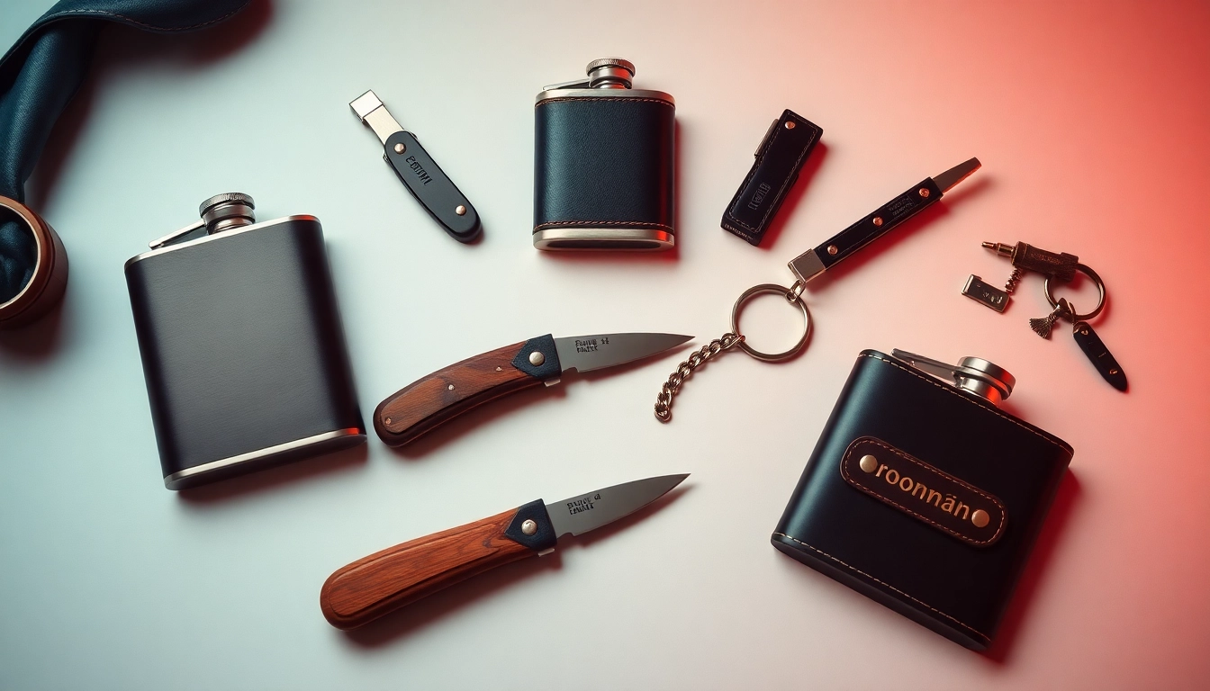 Explore cheap groomsmen gifts including personalized flasks, keychains, and pocket knives beautifully displayed.