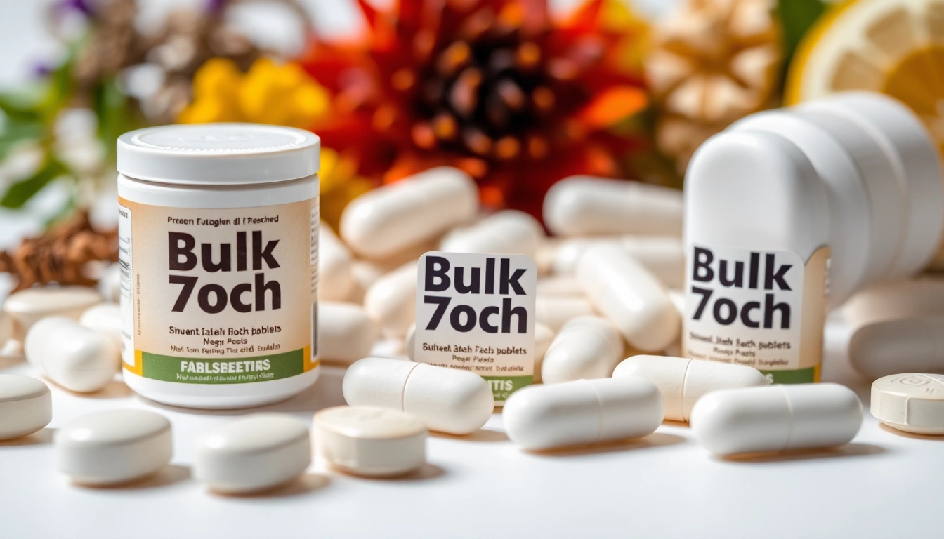 Premium Bulk 7oh tablets displayed with herbal elements, emphasizing natural wellness.