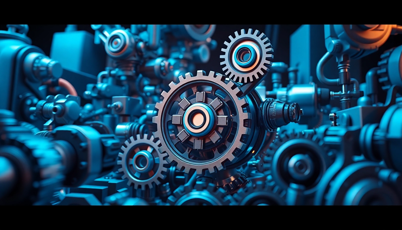 Visualize Technische Animation of advanced machinery with intricate gears and components in motion.