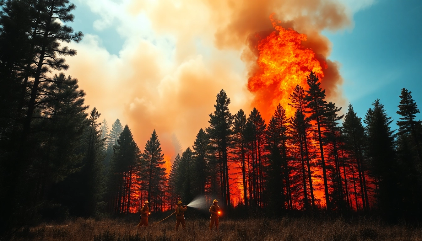 Firefighters battling wildfire events in a dramatic forest setting.