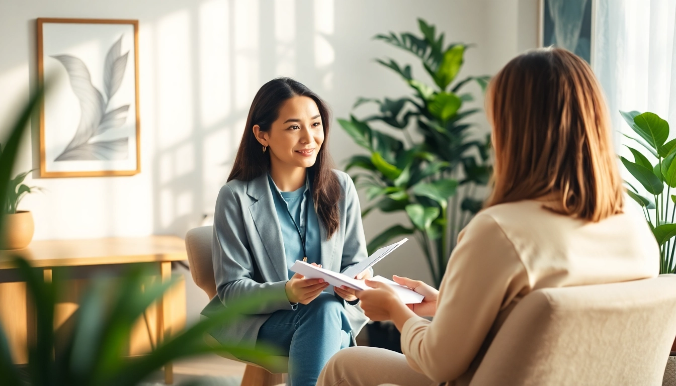 Empathetic therapist assisting a client in dealing with stress in a calming office environment.