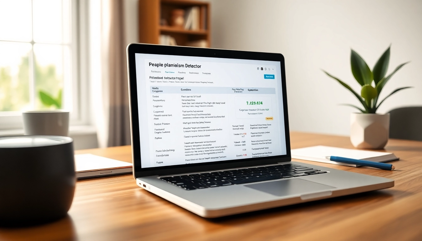 Engage with the advanced plagiarism detector software displaying text comparisons and citations on a sleek laptop.