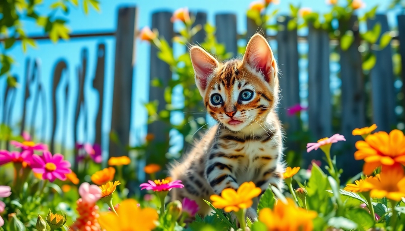 Bengal Breeders Orange County showcase adorable kittens in a sunlit garden, emphasizing their playful nature.