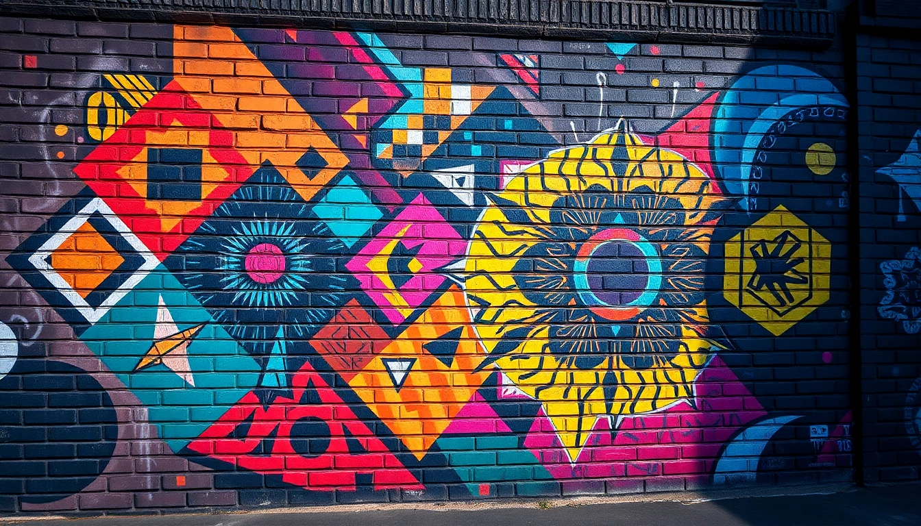 Murale showcasing colorful geometric patterns on a textured brick wall, inspiring creativity and vibrancy.