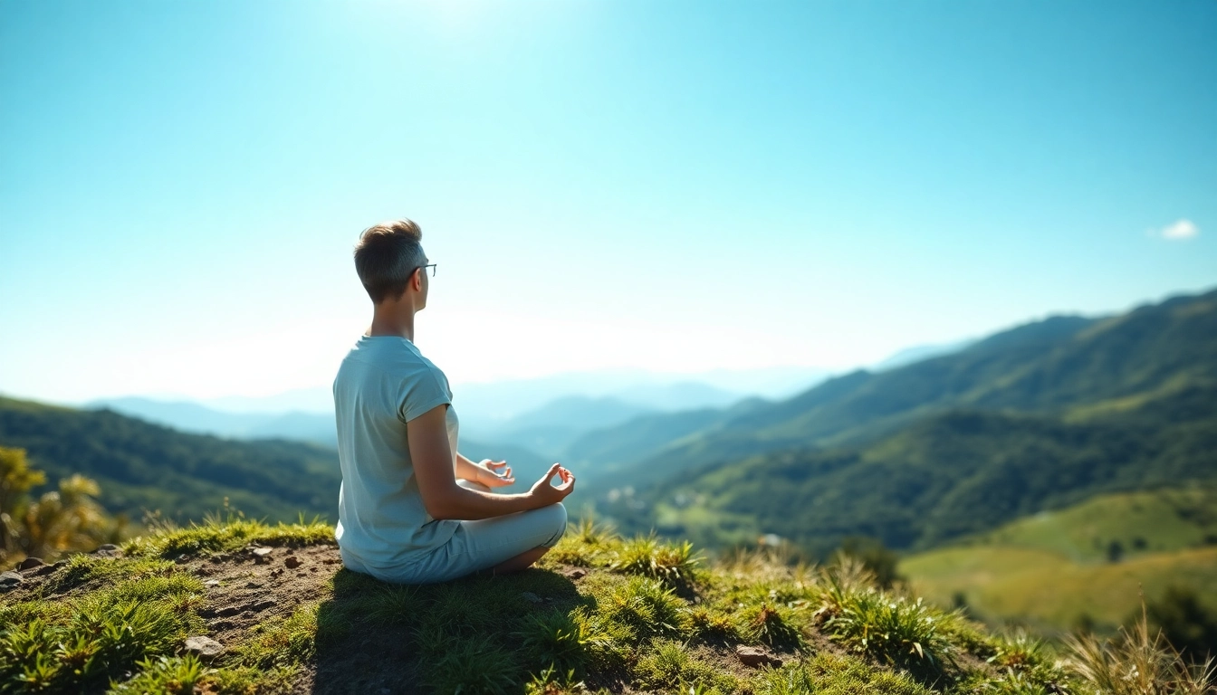Person practicing meditation to cope with stress in a serene mountain setting.