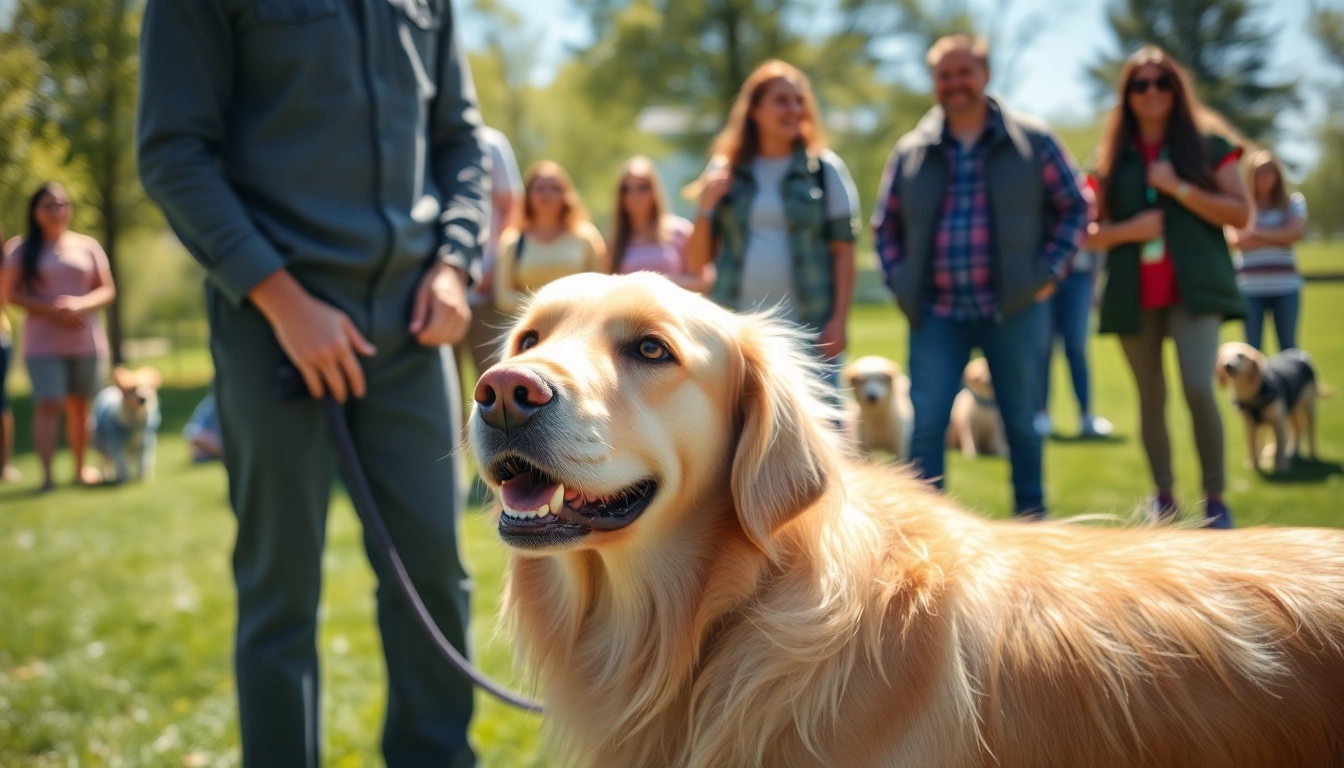 Dog Training Irvine session showcasing a professional trainer and a Golden Retriever interacting positively.