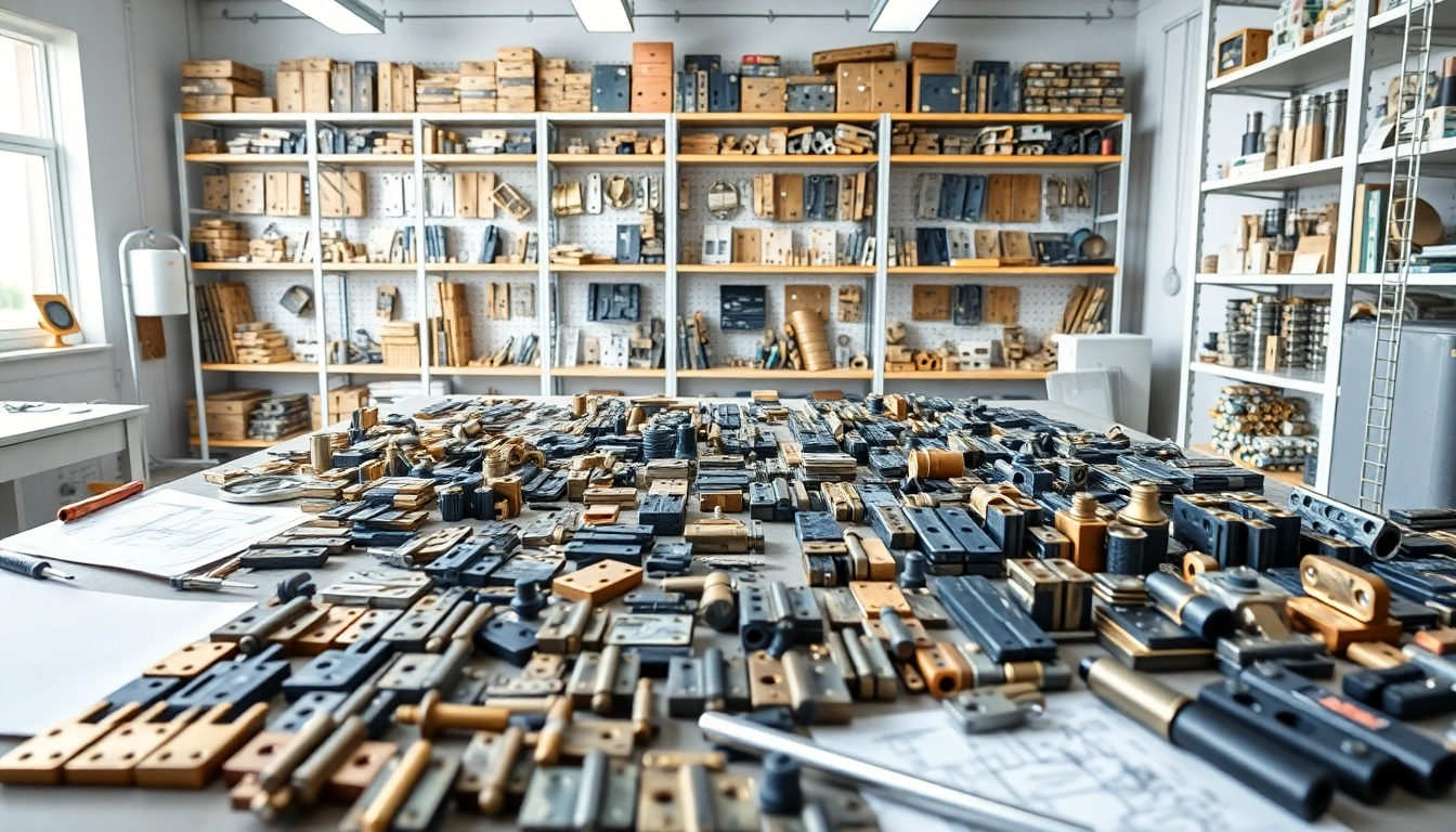 Hinge supplier workshop displays various hinge types organized professionally.