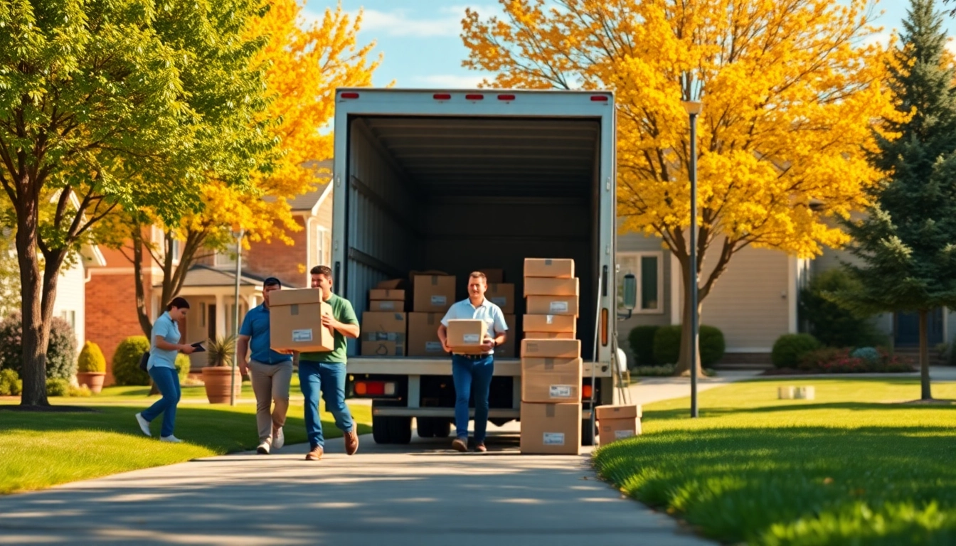 Efficient team of cheap movers unloading boxes from a truck in a sunny neighborhood