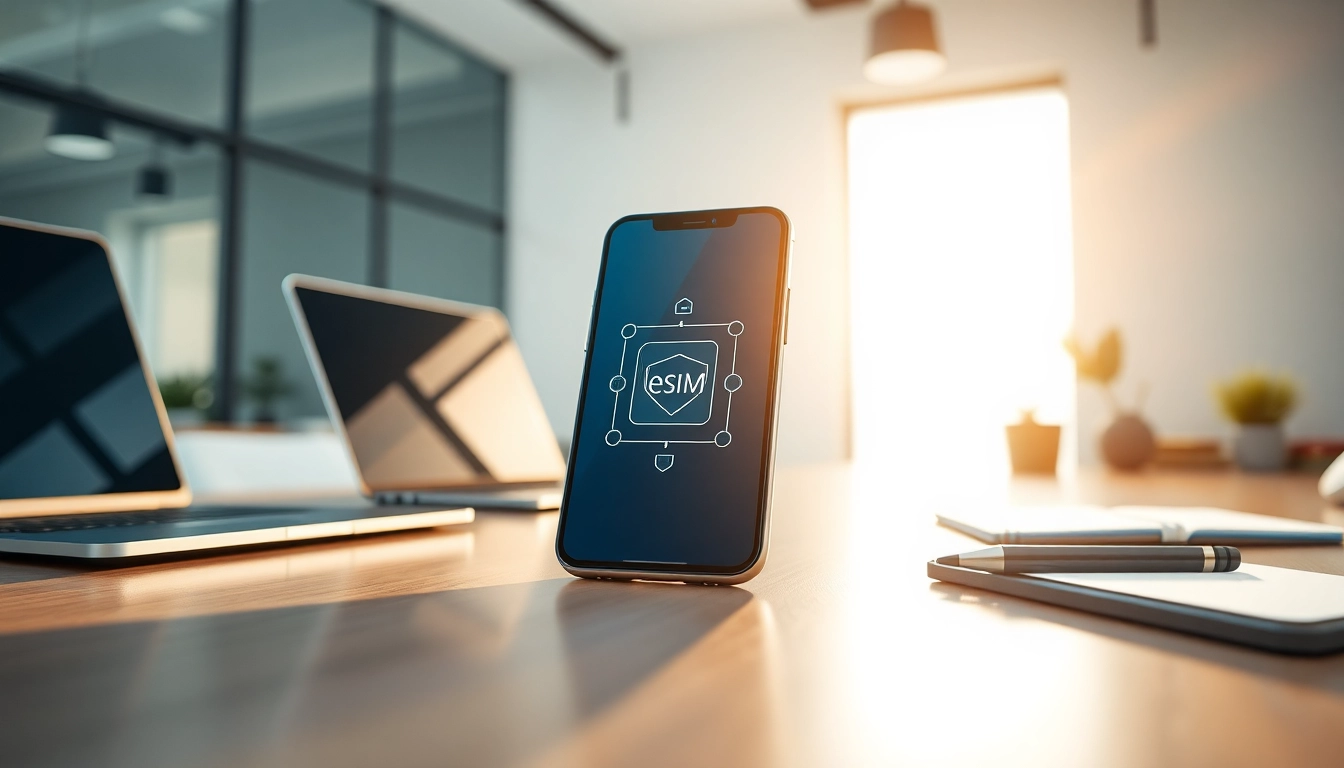 Showcasing esim technology on a modern smartphone in a professional workspace setup.