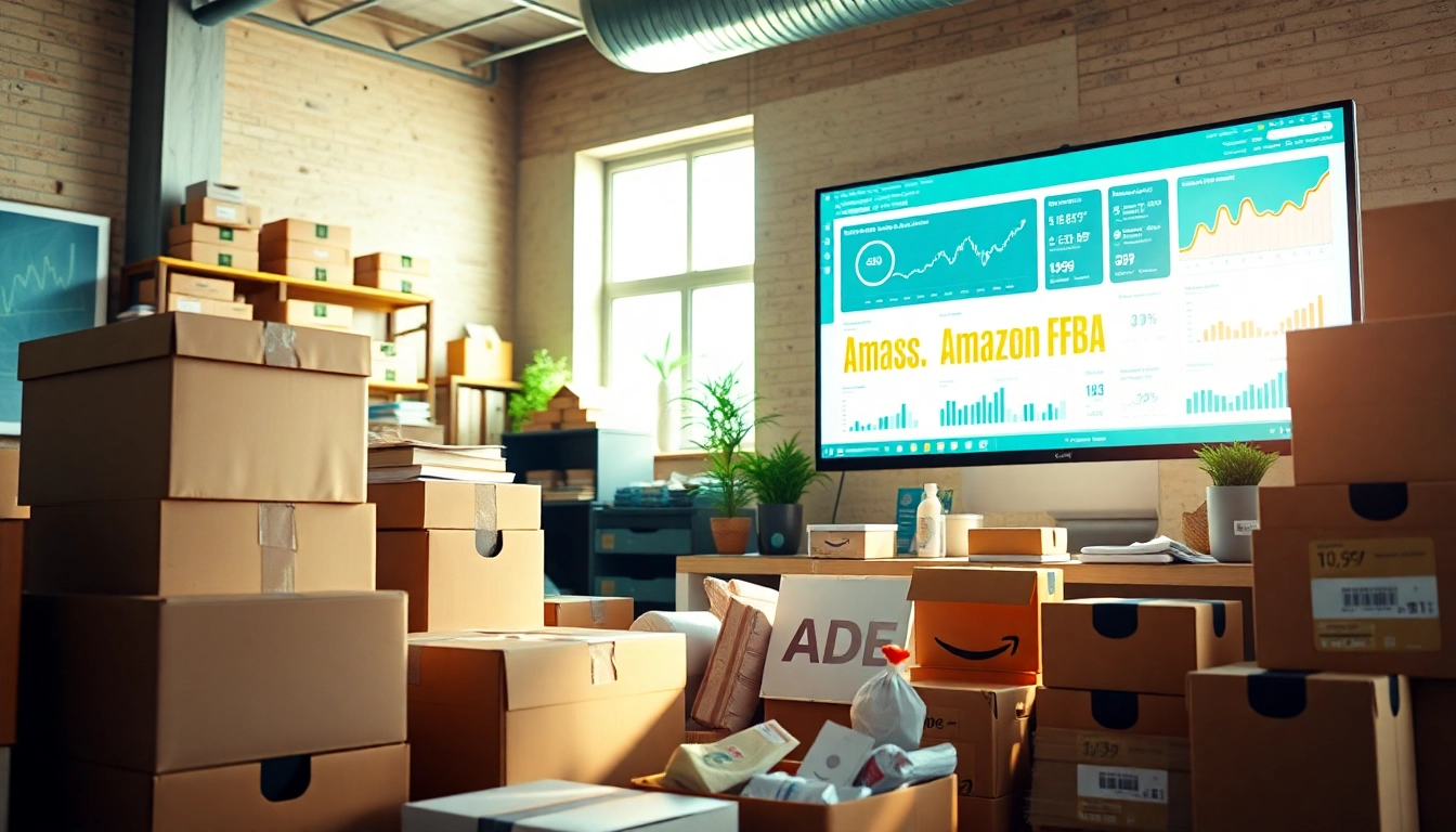 Showcase of an amazon fba wholesale seller with inventory and sales analytics in a bright workspace.