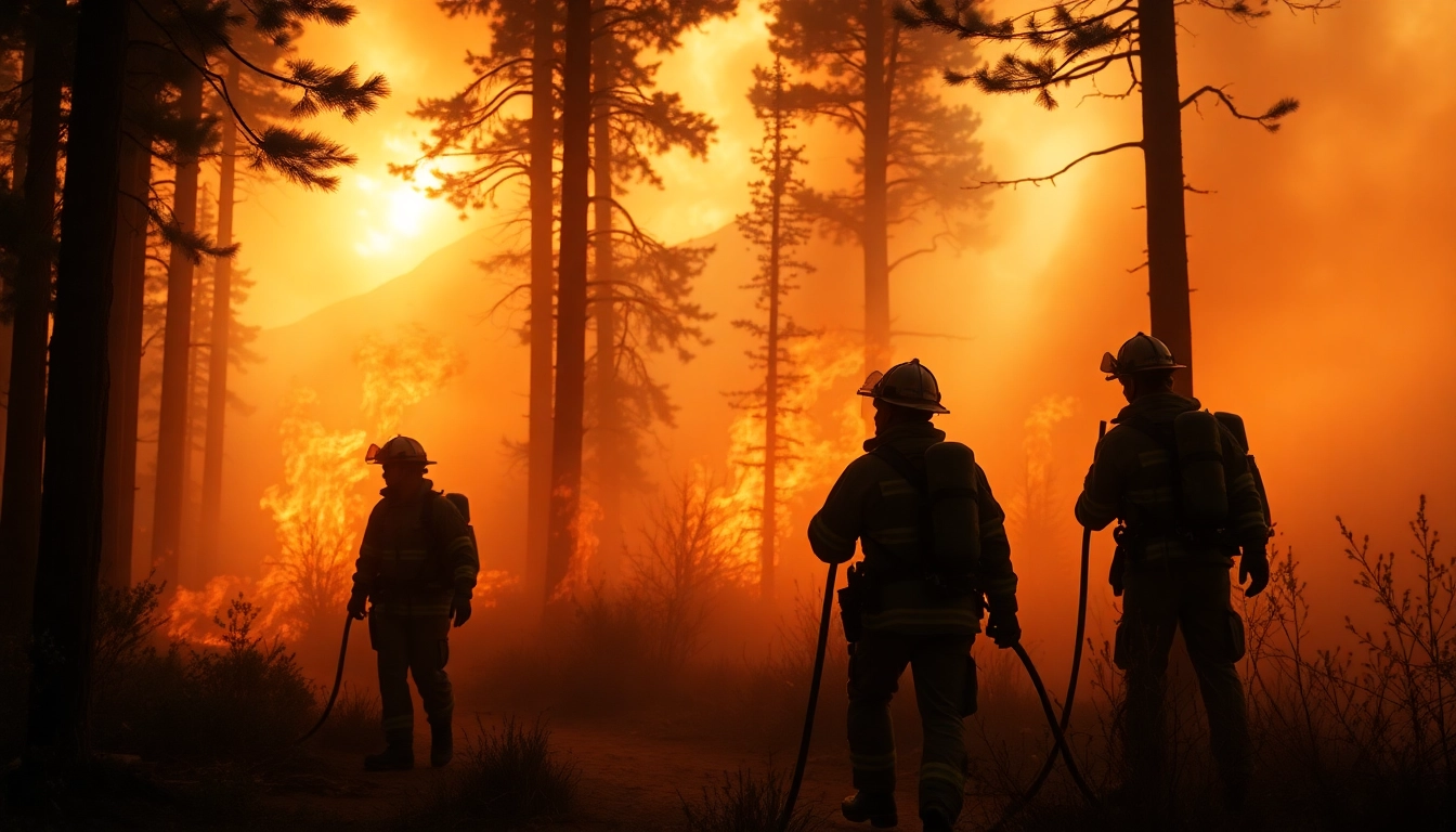 Firefighters combating wildfire events in a forest, showcasing determination and urgency.