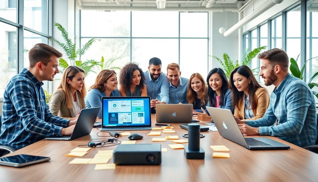 Technology Companies collaborating in a modern office space with digital screens and tech gadgets.