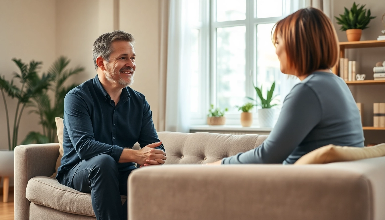 Empathetic attachment theory coach engaging with a client in a serene therapy room.