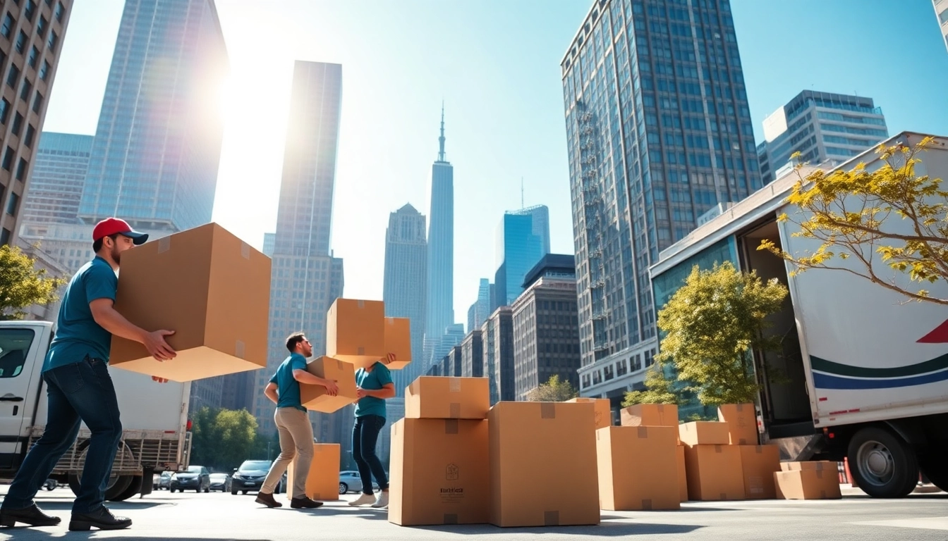 Manhattan movers efficiently handling a residential move with iconic skyline in the background.