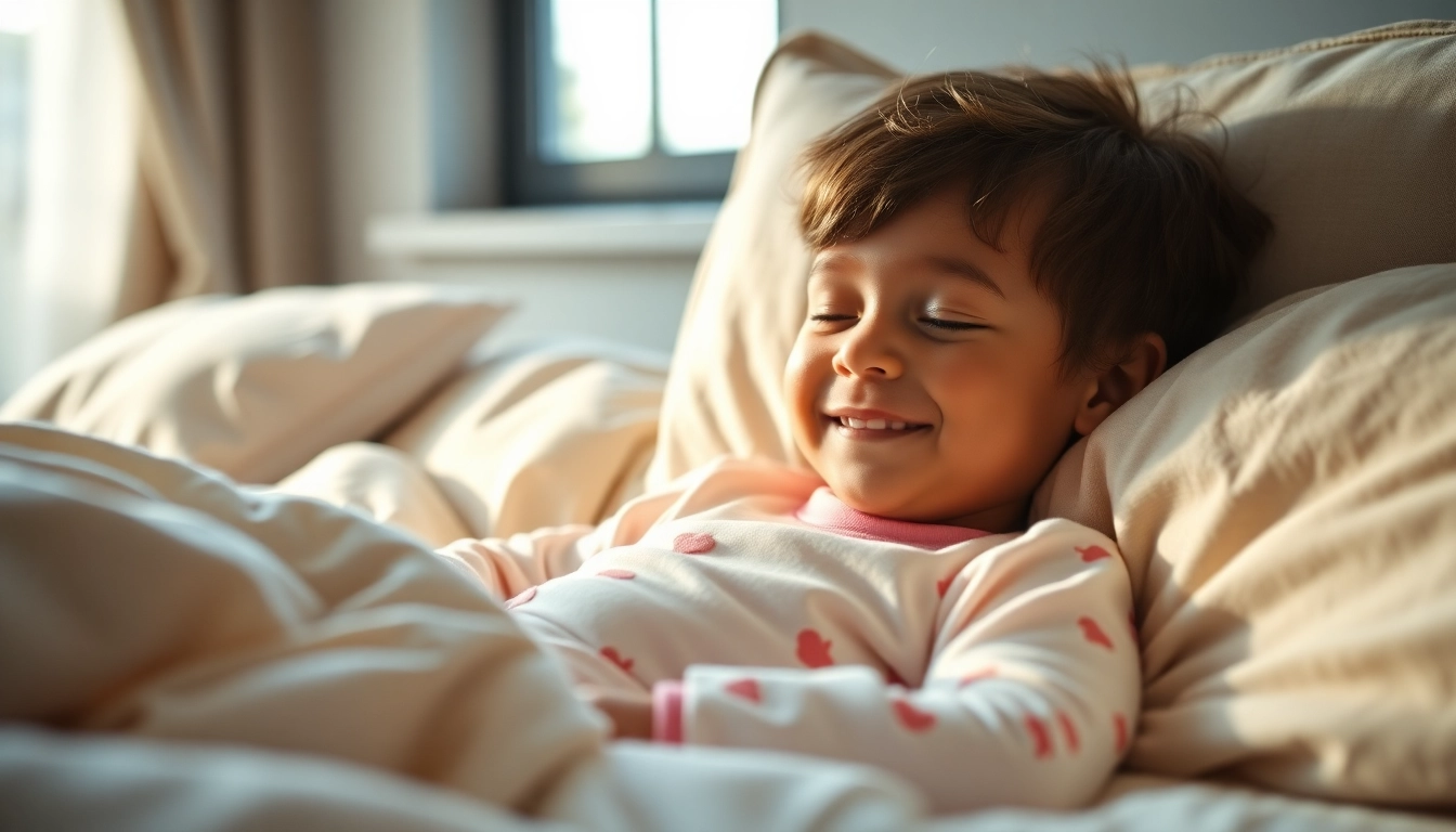Child resting soundly in colorful Kids pajamas on a cozy bed with fluffy pillows.