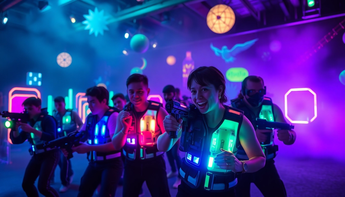 Experience the excitement of laser tag in an action-packed arena filled with players in vibrant gear.