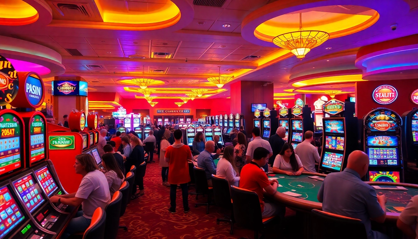 Exciting atmosphere of casino online real money games with players engaging and vibrant machines.