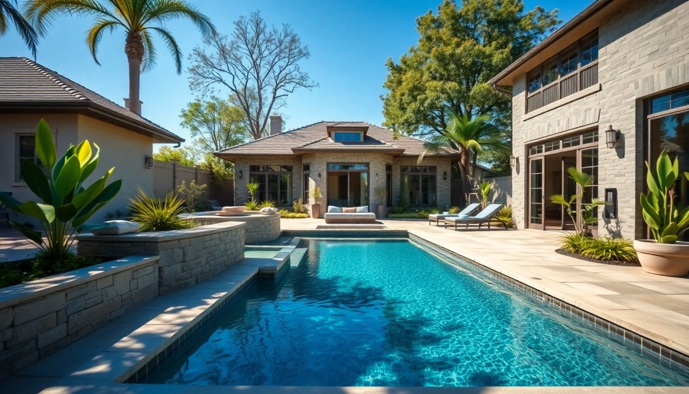 Elegant hardscapes & pools design showcasing a luxurious modern backyard with textured stone and vibrant greenery.