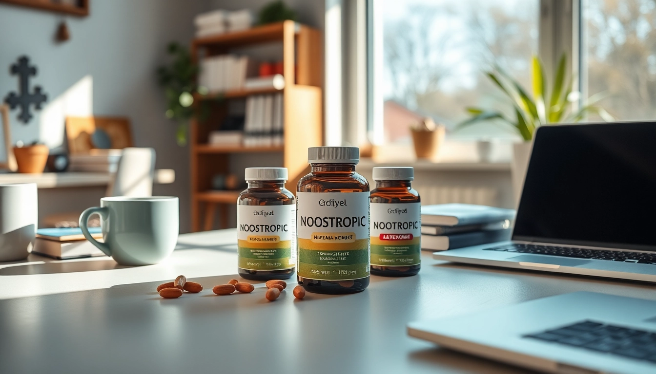 Showcase nootropics supplements on a desk, highlighting their vibrant packaging and warm workspace ambiance.