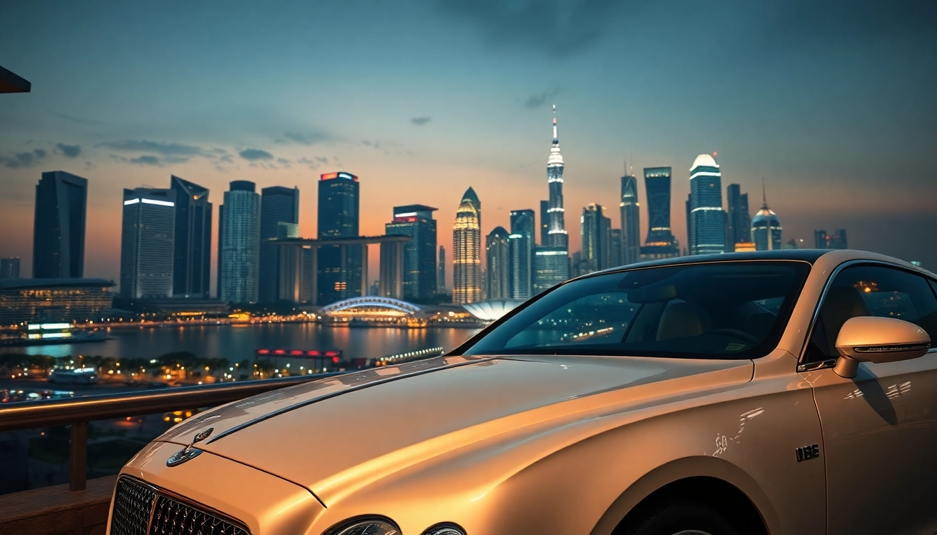 Rent a cheap car rental with driver Singapore amidst a scenic Singapore cityscape at dusk.