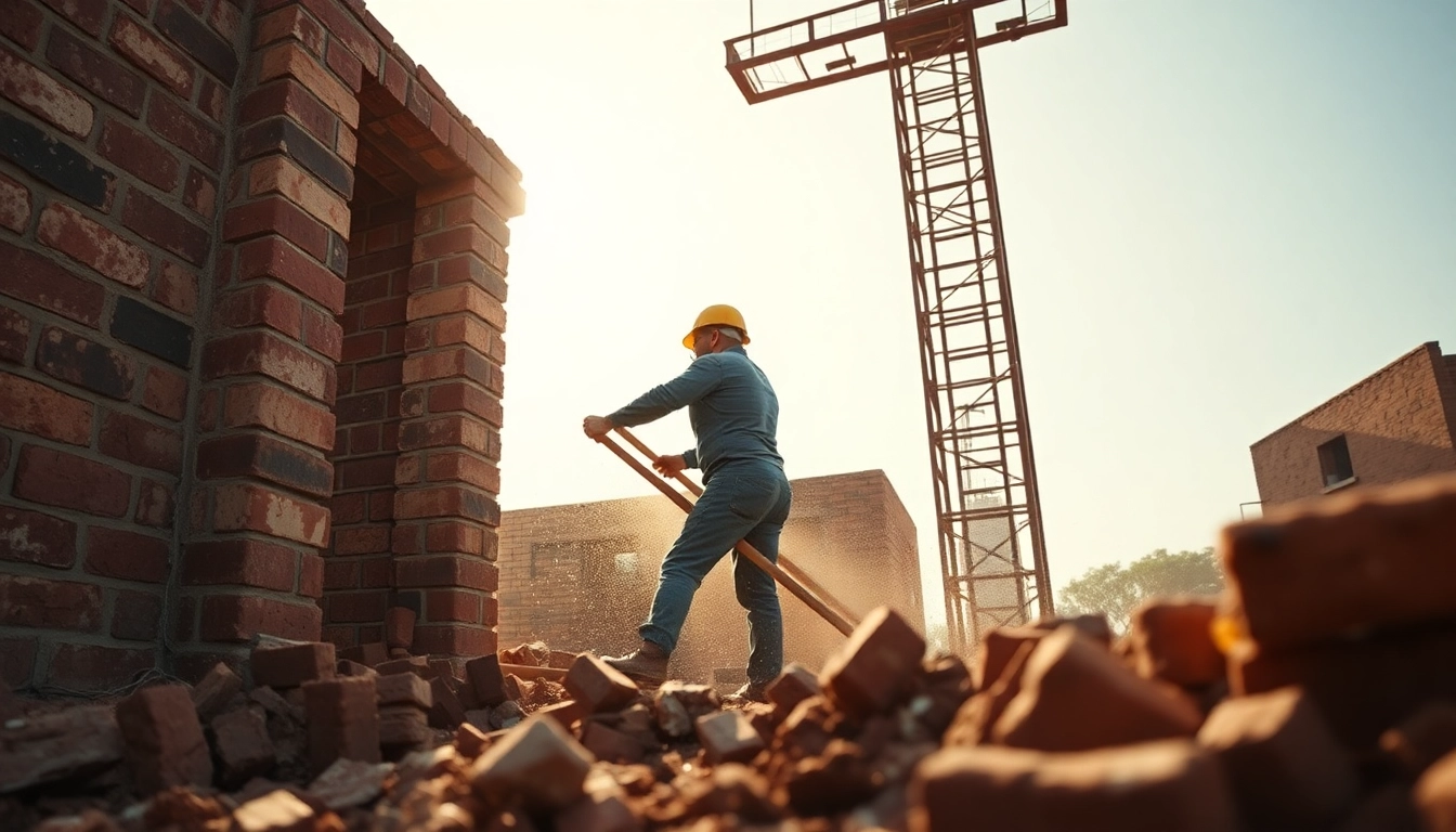 Expert performing facade removal on a brick wall with precise tools and techniques.