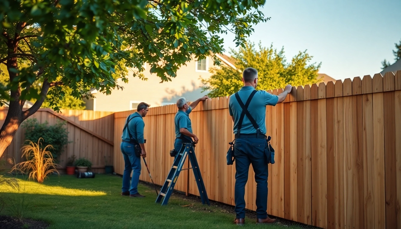 Fencing companies Manchester installing a sturdy fence in a beautifully landscaped garden.