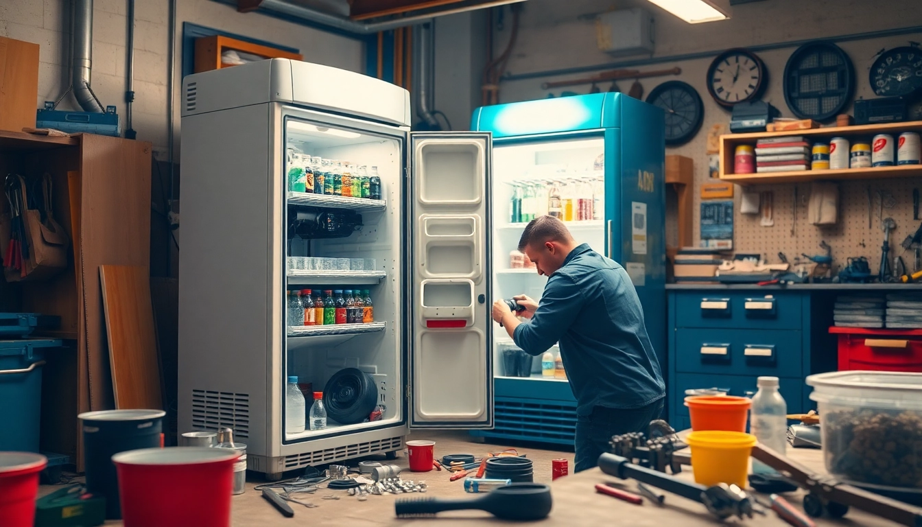 Performing soda cooler repair with attention to intricate components and tools.