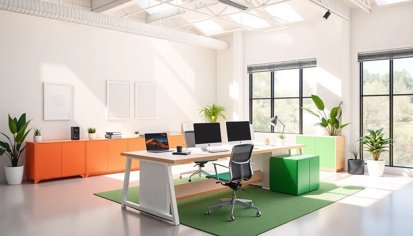 Showcasing a modern workspace for website design Manchester with bright colors and elegant furniture.