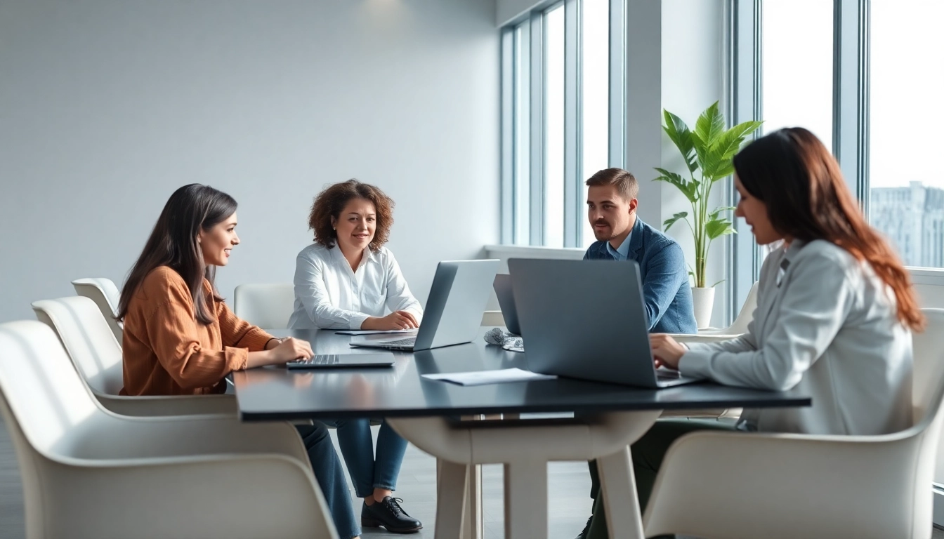 Team discussing outsourcing strategies in a modern office setting with natural lighting.