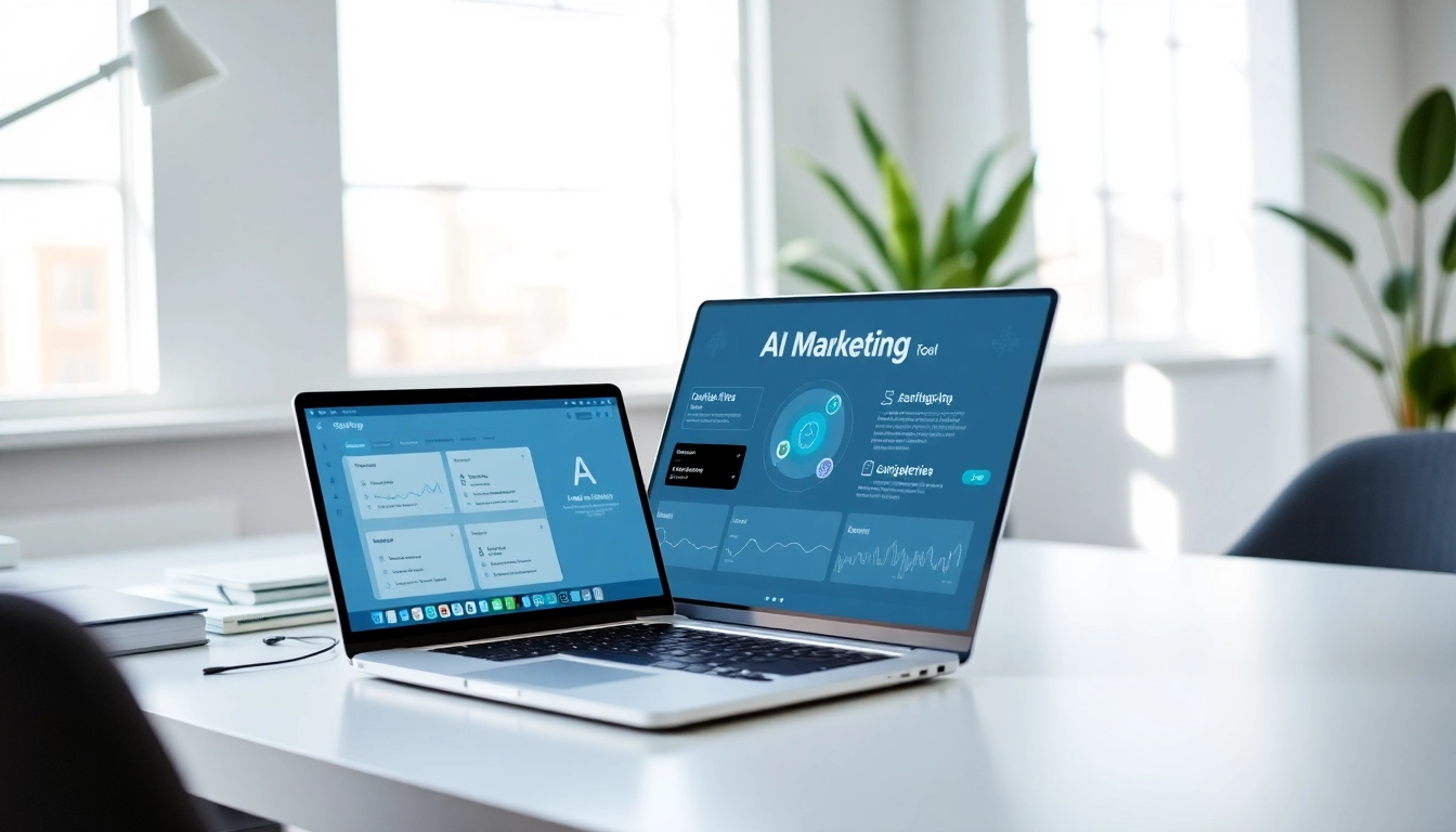 Showcasing AI marketing tools on a laptop screen in a modern workspace for digital marketing professionals.
