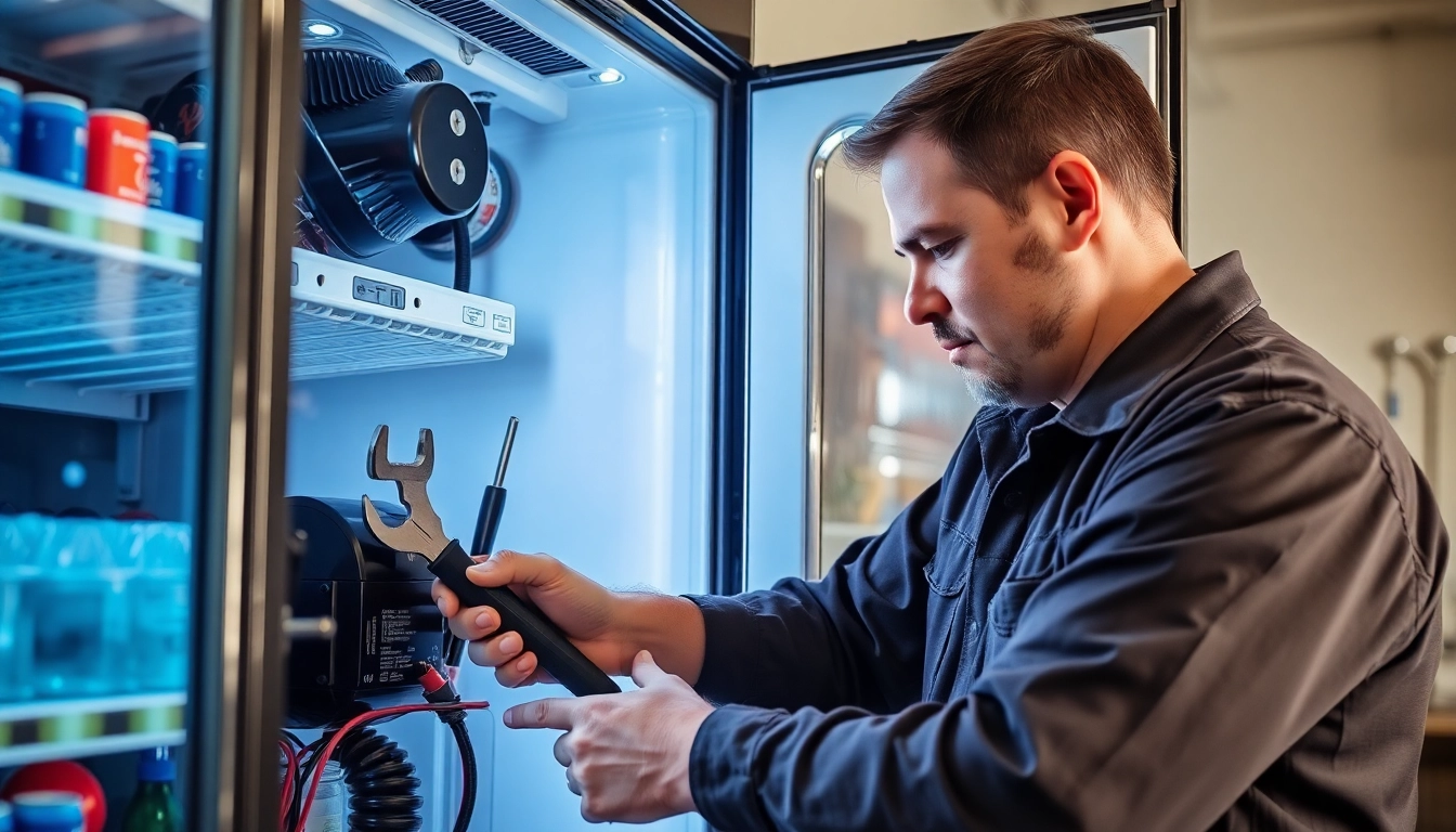 Technician performing soda cooler repair, showcasing tools and components for appliance troubleshooting.