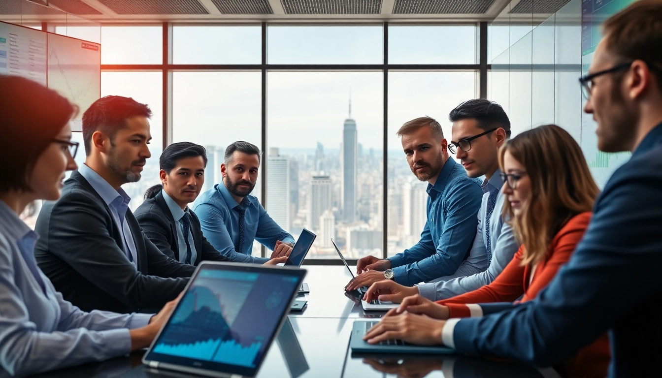Traders working collaboratively on trade futures strategies in a modern office.