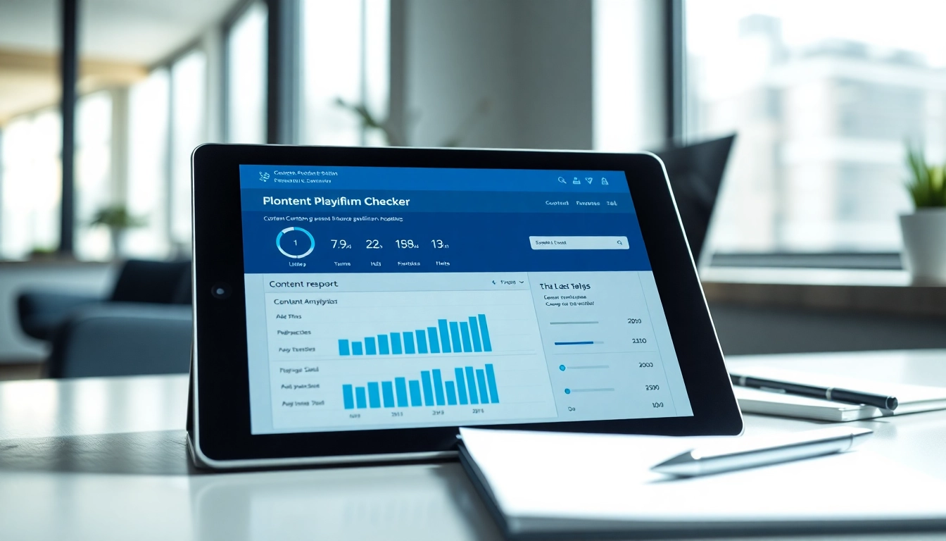 Analyze your content with a plagiarism checker displayed on a tablet in a modern workspace.