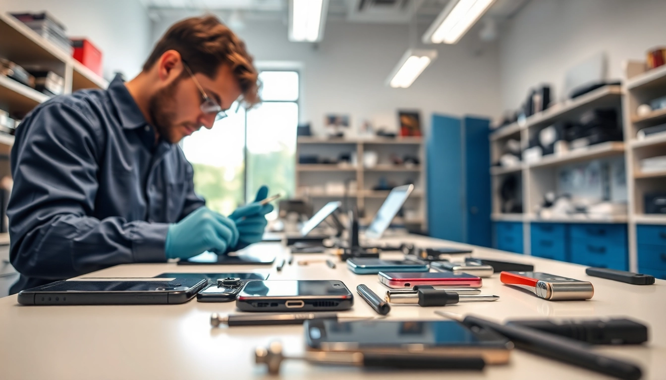 Riparazione cellulari Torino, un tecnico esperto ripara smartphone in un ambiente professionale.
