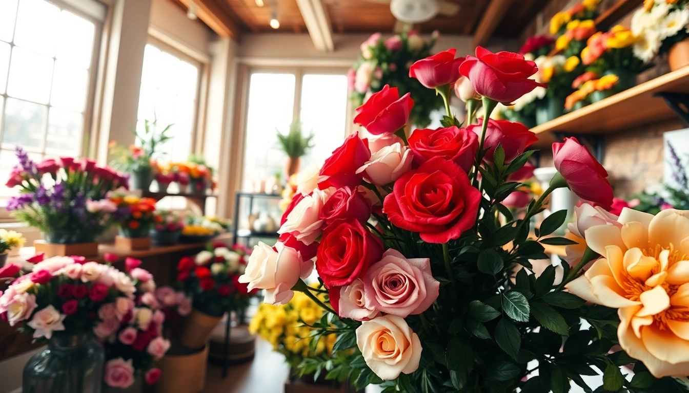 A breathtaking floral arrangement at a Huntington Beach florist showcasing vibrant roses and greenery.