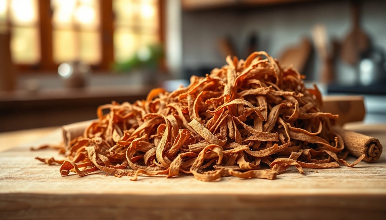 Cinnamon Bark artfully displayed on a wooden board with warm lighting.