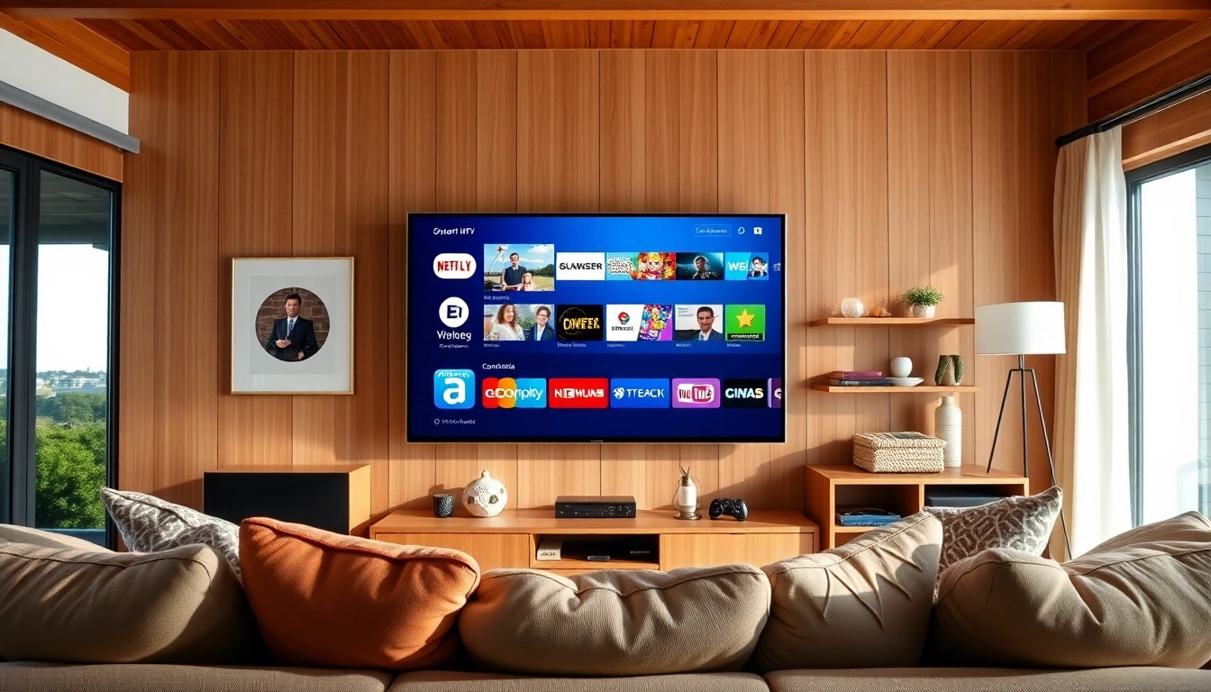 Showcase of IPTV test line options on a modern smart TV in a cozy living room