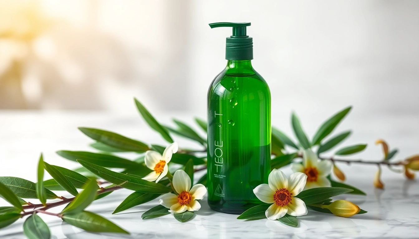 Revitalizing shampoo with tea tree oil displayed with natural tea tree leaves.