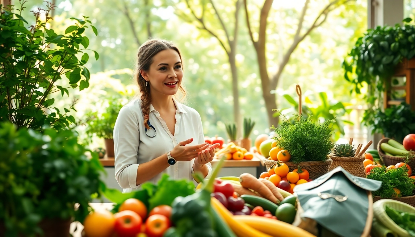 Promoting holistic nutrition certification through a knowledgeable nutritionist advising clients in a vibrant, health-focused environment.