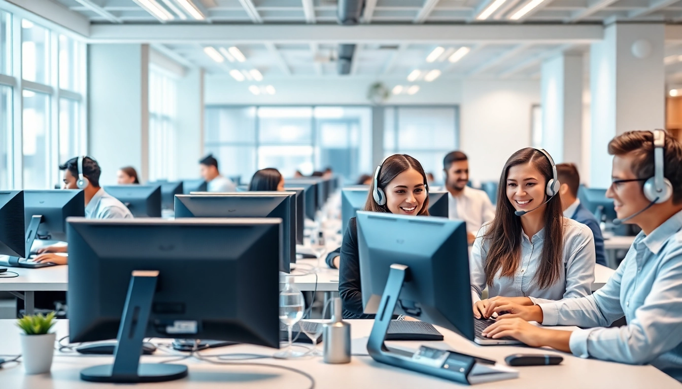 Engaging scene of professionals offering Outsource Call Center Services in a bright office.