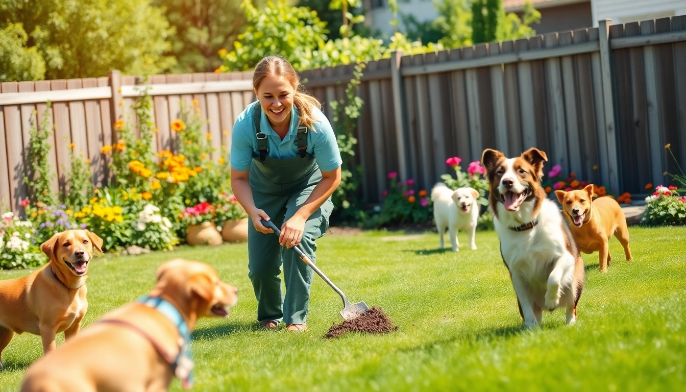 Dog poop cleaning service performed by a professional technician in a vibrant backyard setting.