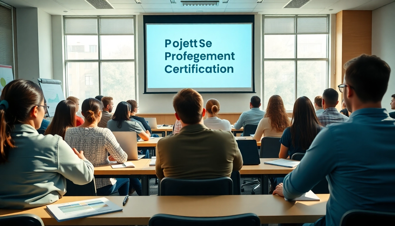 Engaged learners in a project management professional certification course discussing strategies.