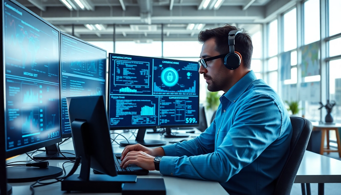 Enhance your career with a google cybersecurity certification, featuring a professional analyzing data in a high-tech environment.