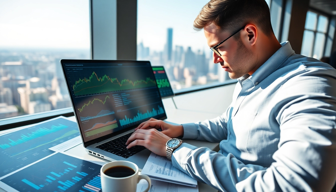 Trader analyzing trade futures in a modern office with vibrant financial data.