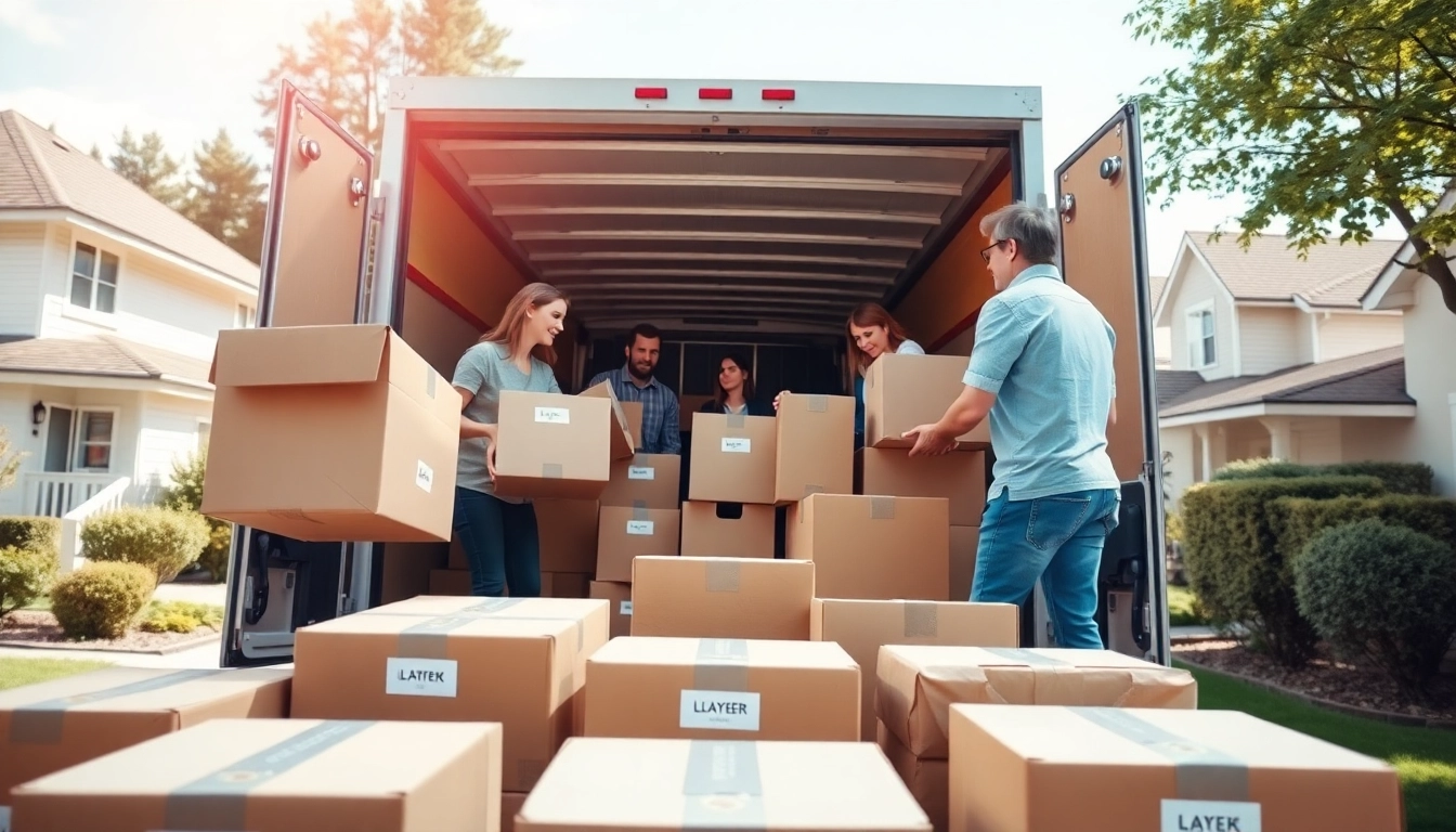House moves in progress as professional movers efficiently pack boxes into a truck
