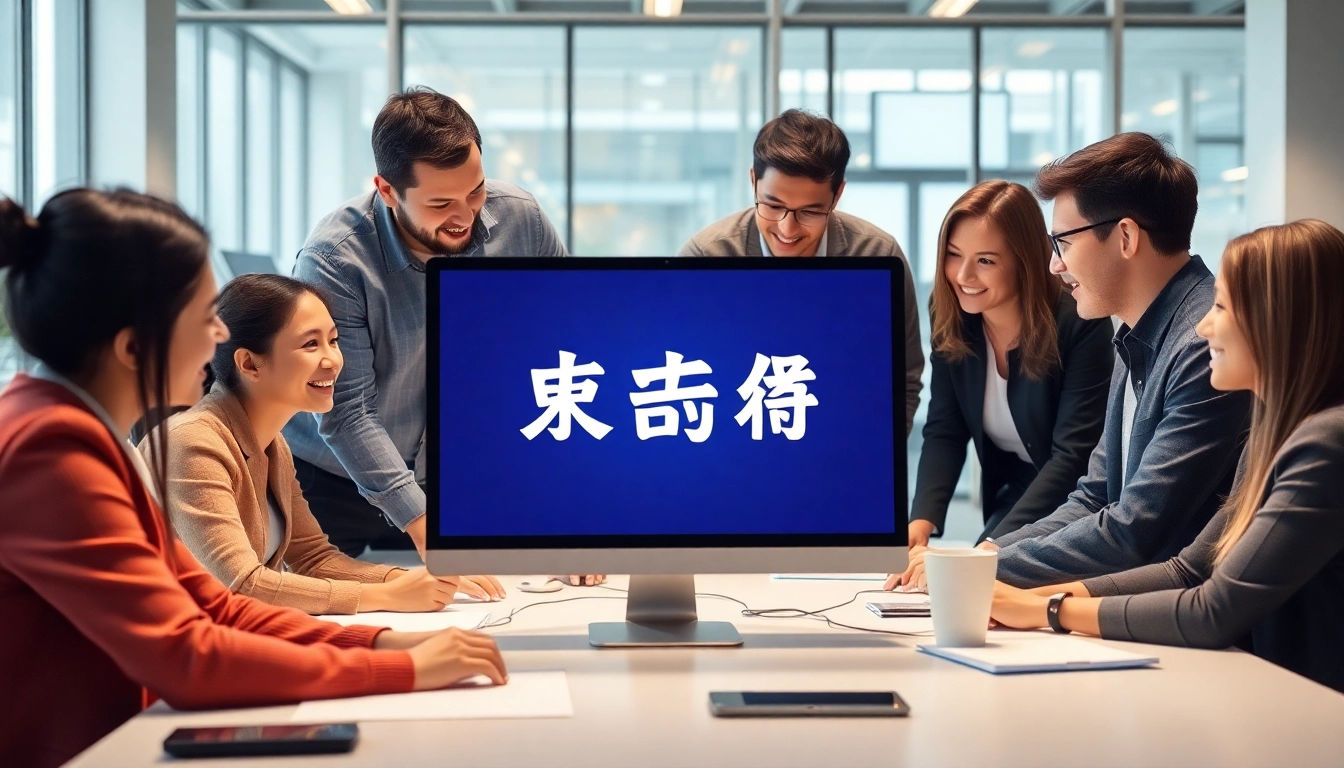 Team collaboration around a computer screen featuring 美洽官网, showcasing innovation in a modern office.