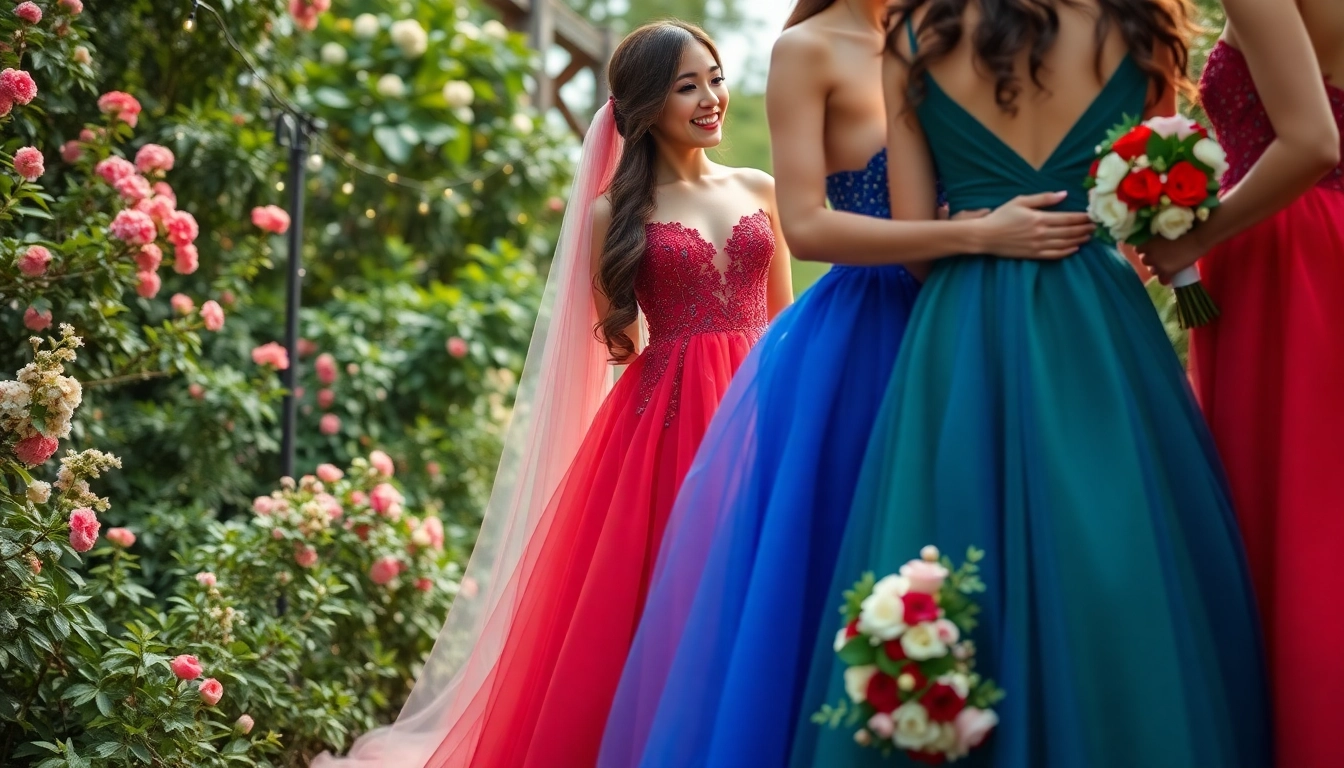 A bride radiating beauty in a colourful wedding dress surrounded by vibrant flowers.