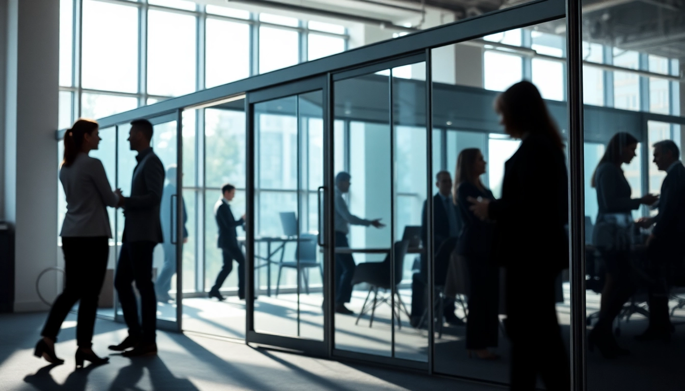 Showcasing movable glass partitions enhancing workspace functionality and openness in an office.