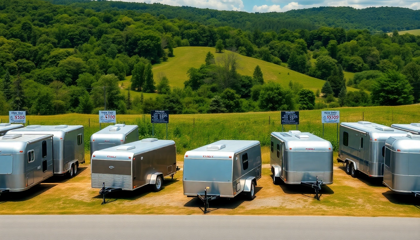 Browse a diverse selection of trailers for sale in Massachusetts featured prominently in a picturesque outdoor setting.