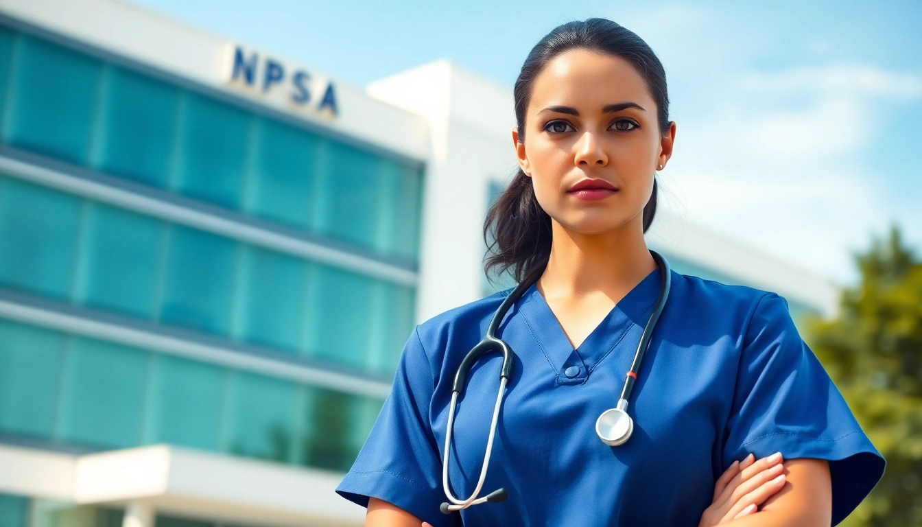 Depicting the VDAP Program in Alabama, a nurse stands confidently outside a hospital, representing resilience and professionalism.